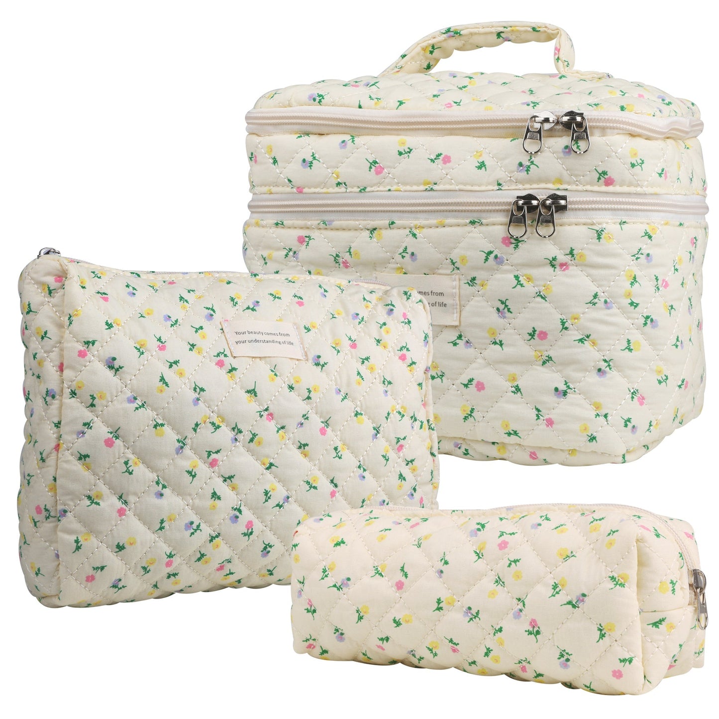 Quilted Floral Makeup Bag Set 3PCS Large Capacity Dual Layer Cotton Cosmetic Bags Coquette Aesthetic Travel Toiletry Organizer Gift