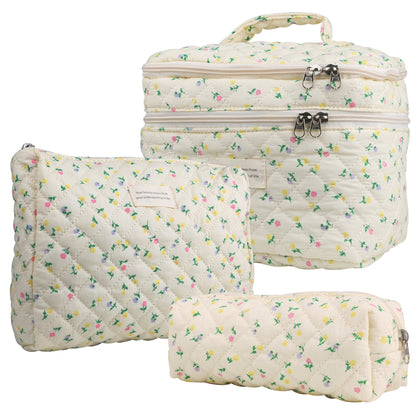 Quilted Floral Makeup Bag Set 3PCS Large Capacity Dual Layer Cotton Cosmetic Bags Coquette Aesthetic Travel Toiletry Organizer Gift