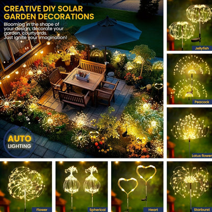 Solar Garden Lights Firework Stakes with 60-420 LEDs, 8 Modes, Flexible Copper Wire and Color Options