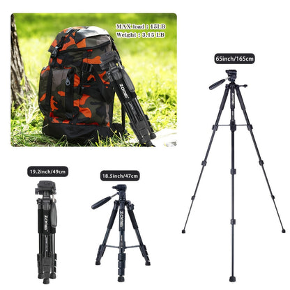65-Inch Aluminum Camera Tripod with Three-Way Pan Head, Quick-Release Plate, Phone Clip, Carry Bag and Four Colors