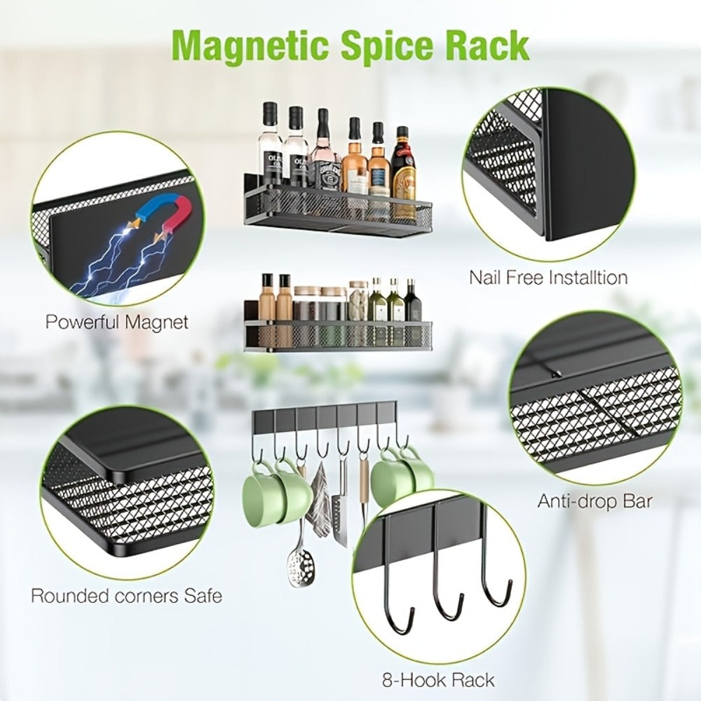 Kitchen Organizer Magnetic Refrigerator Shelf 4-Piece Set with Hooks for Metal Appliance Surfaces