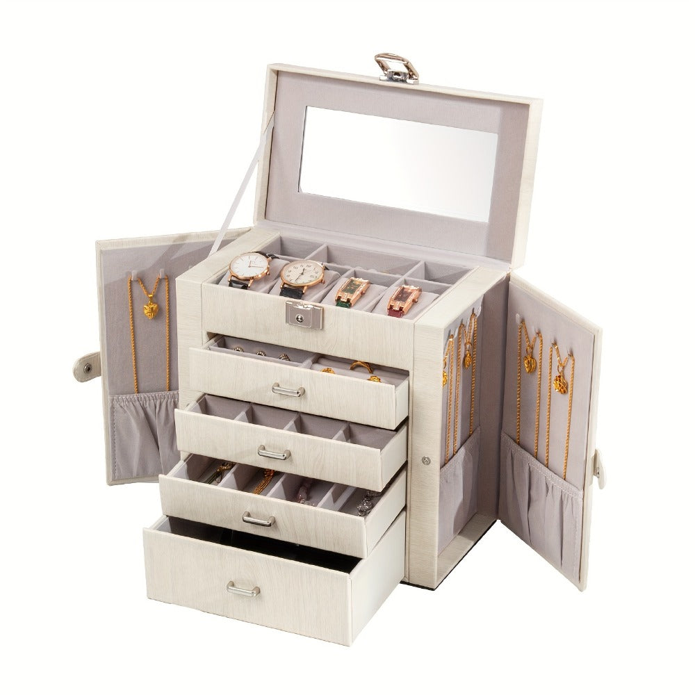 Jewelry Box, Five-Tier PU-Leather Organizer with Built-In Mirror, Key Lock and Three Color Options