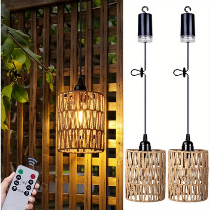 Battery Operated Pendant Light Rattan Boho Chandelier Hanging Light Warm White Bulb Wireless No-Wiring for Gazebo Pergola Porch Patio