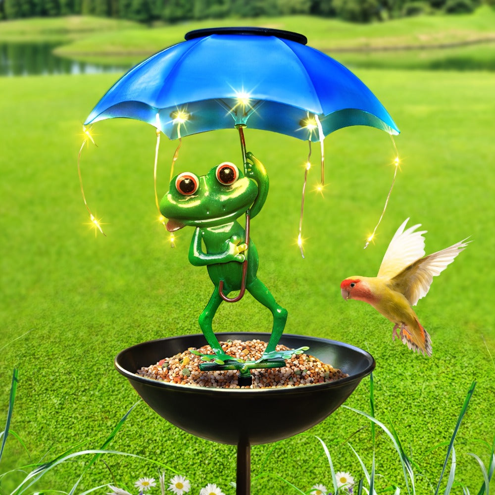 Solar Garden Decor Frog with Umbrella LED Light, Iron Frog Outdoor Statue with Solar Powered LED
