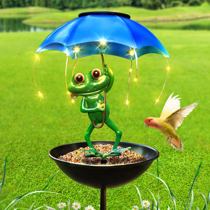 Solar Garden Decor Frog with Umbrella LED Light, Iron Frog Outdoor Statue with Solar Powered LED