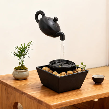 Tabletop Water Fountain with LED Light Zen Teapot Indoor Relaxation Fountain Black Resin for Entryways, Bedrooms and Living Spaces