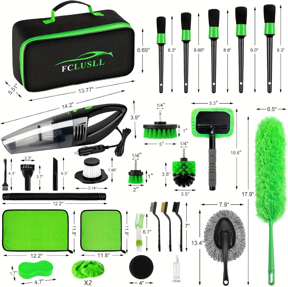 Car Cleaning Kit with Portable Vacuum Cleaner – 17/24/29/32/35pcs Interior Detailing Set with Windshield Cleaner