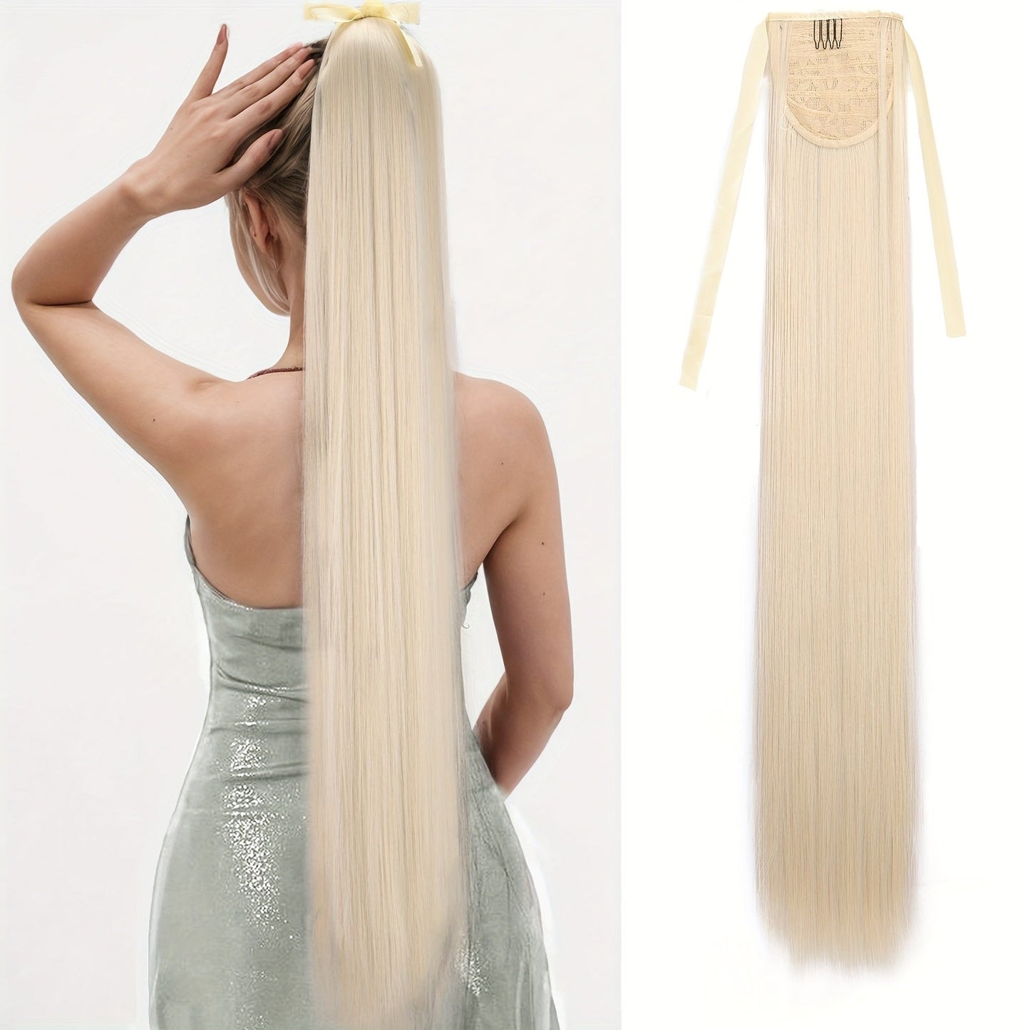 Hair Extensions Straight 34-Inch Synthetic Ponytail with Ribbon Wrap and Five Mixed or Natural-Tone Colors