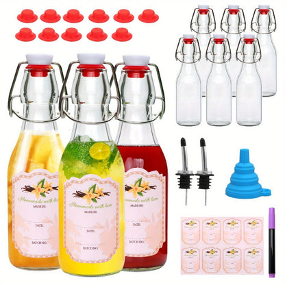Glass Swing Top Bottles 8.45oz, Round Iron Clasp Airtight Bottle Set with Funnel for Juice, Kombucha