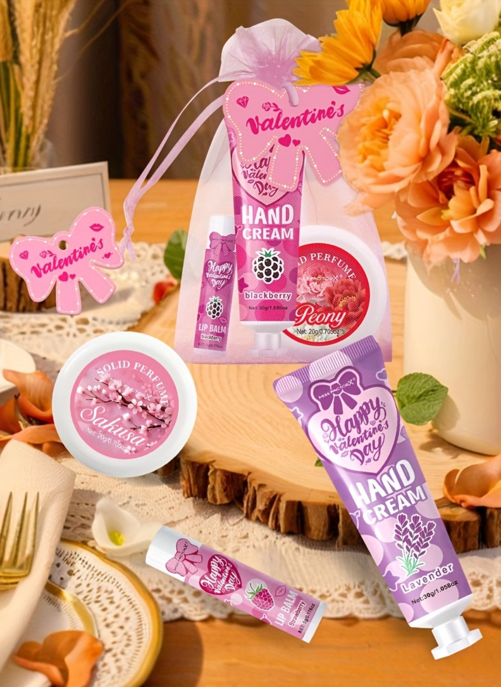 20pcs Beauty Gift Set Lip Balm Hand Cream Solid Perfume Pink Gift Bag Glossy Finish All Skin for Makeup, Travel and Everyday Vanity Use