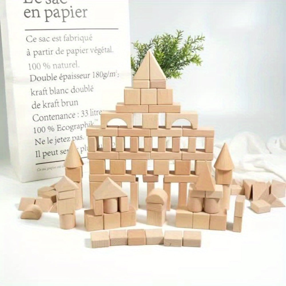 Natural Beech Wood Blocks 100 Piece Unpainted Solid Wooden Building Set, STEM Logical Thinking Toy for Kids Ages 3-12