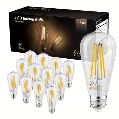 ST58 Vintage Edison LED Filament Bulb 8W 2700K Warm White Dimmable – 60W Equivalent E26 Base Clear Glass Antique Style for Chandelier