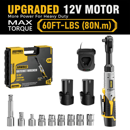 Cordless Electric Ratchet Wrench Set 3/8 Inch 12V 60 Ft-Lbs Power Ratchet Tool Kit with 2 Batteries