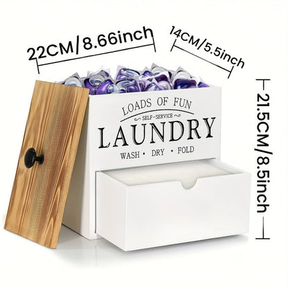 Dryer Sheet Holder with Drawer & Lid, Farmhouse Wood Laundry Pod Dispenser, Wall Mount or Countertop Organizer for Laundry Room Storage