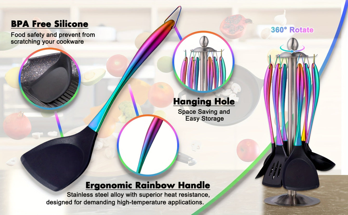 Silicone Cooking Utensils Set 17 Piece Rainbow Titanium with Rotating Holder – Heat Resistant Non-Stick Spatulas