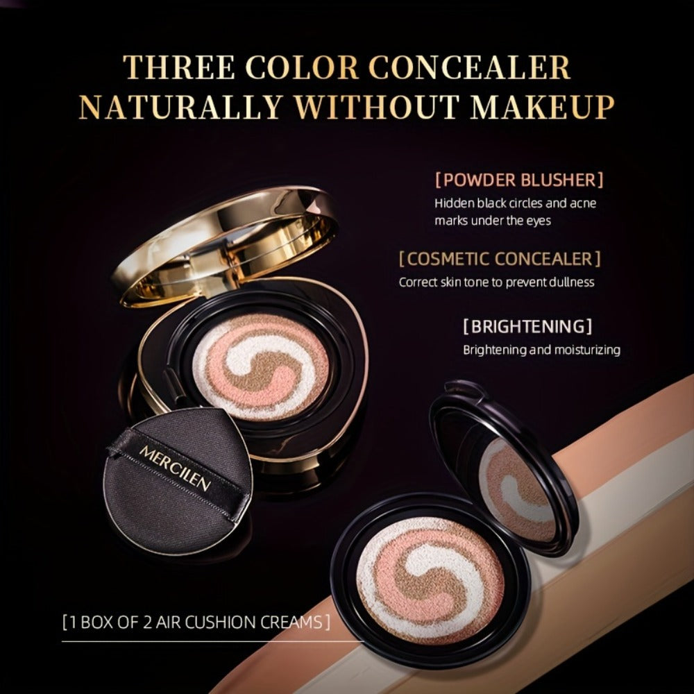 Air Cushion BB Cream Foundation Moisturizing Medium Coverage Dewy Finish with Plant Squalane Glycerin Tri-Color Adaptive Blends All Skin