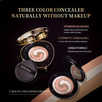 Air Cushion BB Cream Foundation Moisturizing Medium Coverage Dewy Finish with Plant Squalane Glycerin Tri-Color Adaptive Blends All Skin