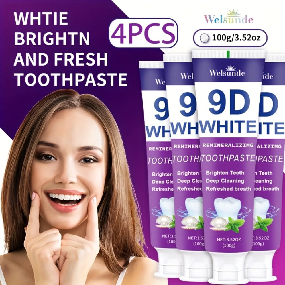 Whitening Toothpaste 4-Pack – 9D White Alcohol-Free Formula, Thorough Deep Cleaning & Brighter Smile, Refreshing Mint Breath