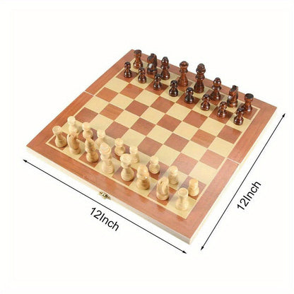 Wooden Folding Chess Set 12 Inch – Handmade Portable Chessboard 30x30cm with Game Pieces, Classic Strategy Board Game for Adults Kids