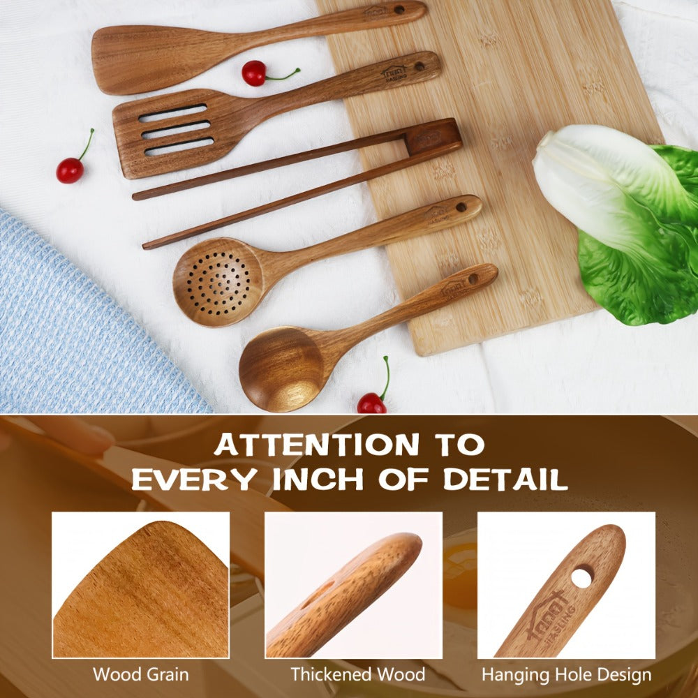 Kitchen Utensils by JIASING, 3-, 5- or 7-Piece Wood Spoon, Spatula, Ladle and Egg-Beater Set Options