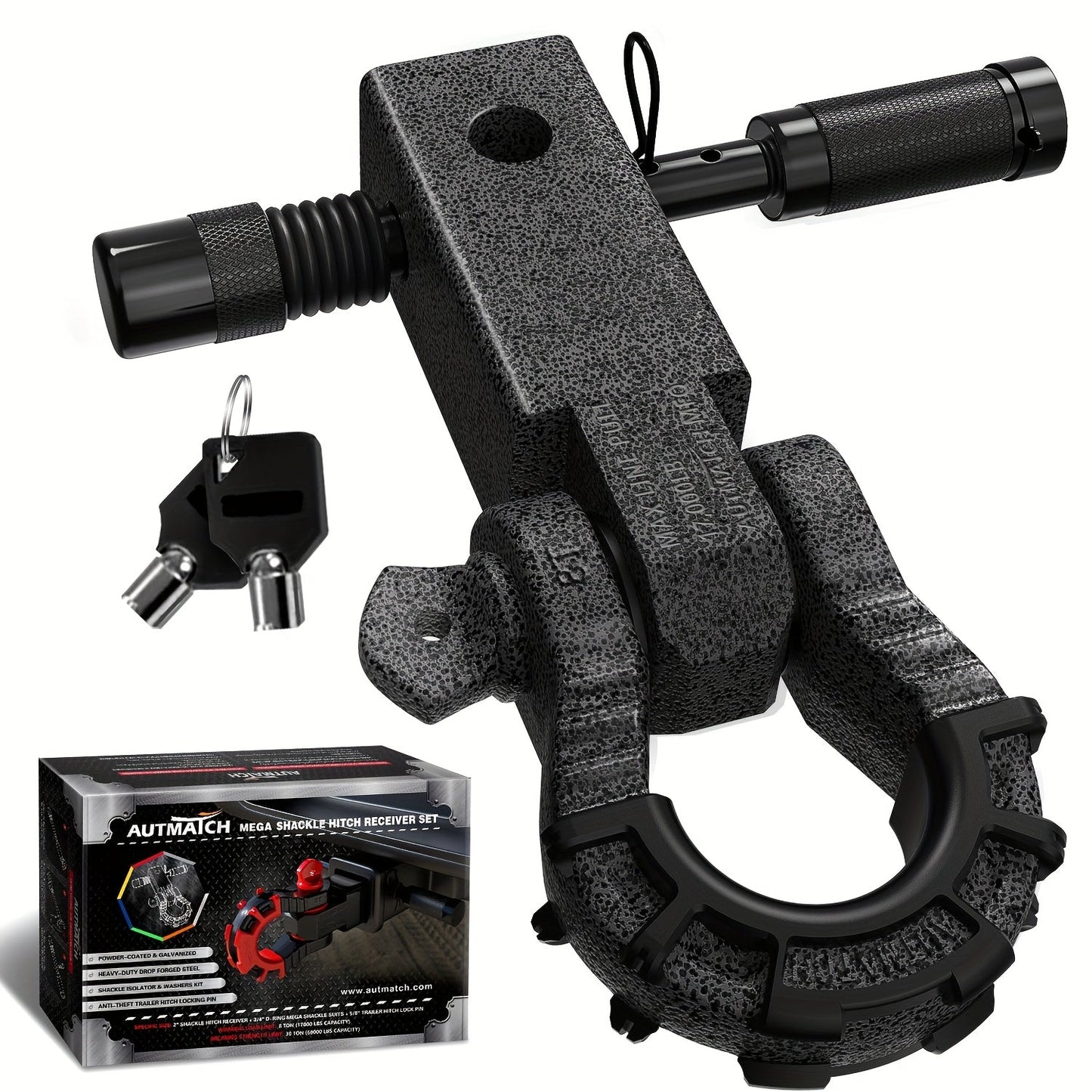 Shackle Hitch Receiver 2-Inch 68, 000 lb Break Strength with 3/4" D-Ring & 5/8" Hitch Lock Pin – Heavy Duty Drop Forged Steel 8-Ton Vehicle