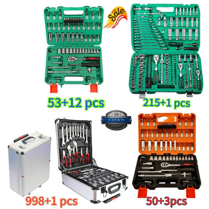 Professional Socket Wrench Tool Set 999 Piece 1/4 3/8 1/2 Drive Ratchet Set with S2 CR-V Sockets for Car Bicycle and Mechanical Work