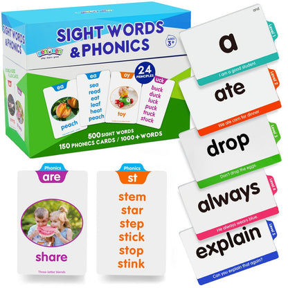 Sight Words Flash Cards 500 Cards & 150 Phonics Cards Set 1000+ Dolch Fry High Frequency Words CVC Blends Long Vowels | Learn to Read Cards