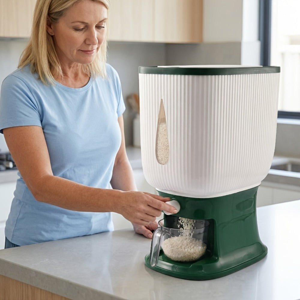Rice Dispenser with Measuring Cup, Large 6-Chamber Sealed Grain Storage Container, Transparent Window
