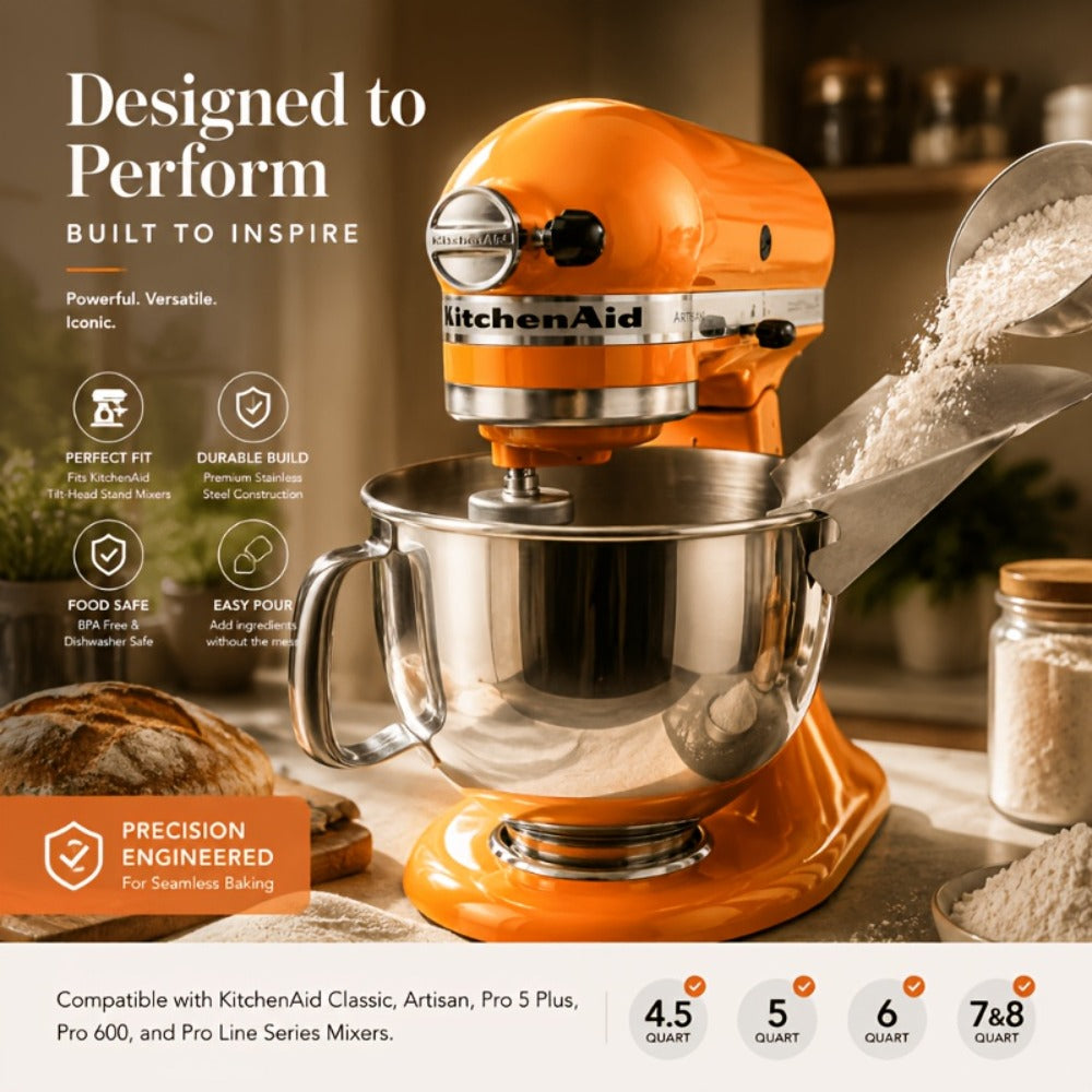 KitchenAid Pouring Chute Stainless Steel Stand Mixer Attachment – Universal Funnel Shield for Tilt-Head & Bowl-Lift 4.5-8 Qt