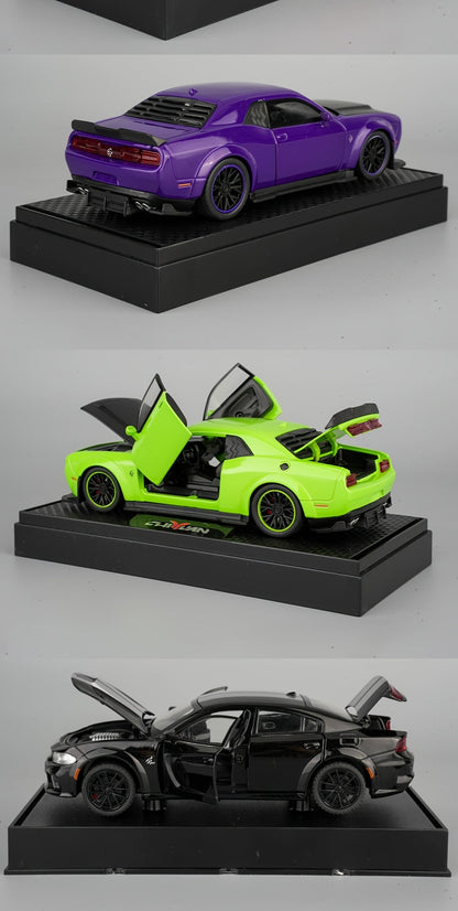 Purple Dodge Sports Car Zinc Alloy Diecast Model with Display Base & Openable Doors, High Simulation Static Display Collectible