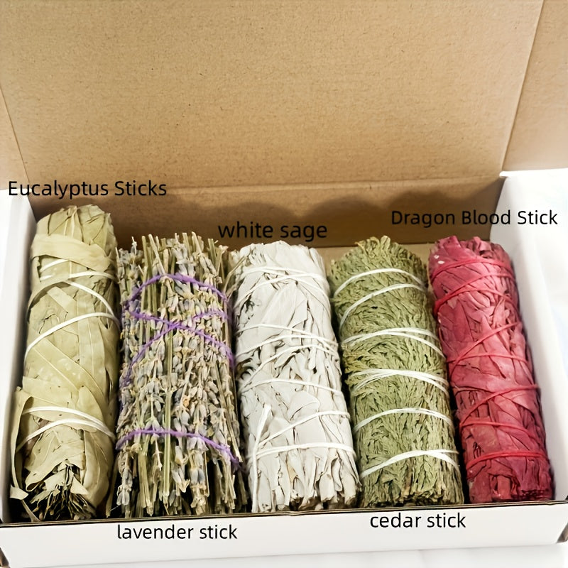Sage Smudge Kit 5 Pack White Sage Cedarwood Dragon's Blood Eucalyptus Lavender Incense Sticks for Entryways, Bedrooms and Living Spaces