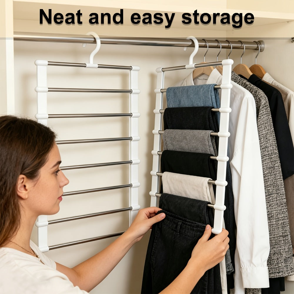 Pants Hangers Foldable Multi-Layer Stainless Steel | Non-Slip Space Saving Closet Organizer for Jeans Leggings Scarves Trousers | 4 or 8