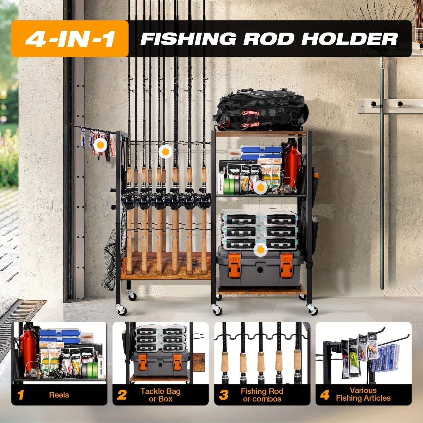 Fishing Rod Holder Rack Rotating Tackle Storage Cart Iron Wood Holds 10 to 12 Rods Garage Fishing Pole Organizer with Wheels Fishing Gear