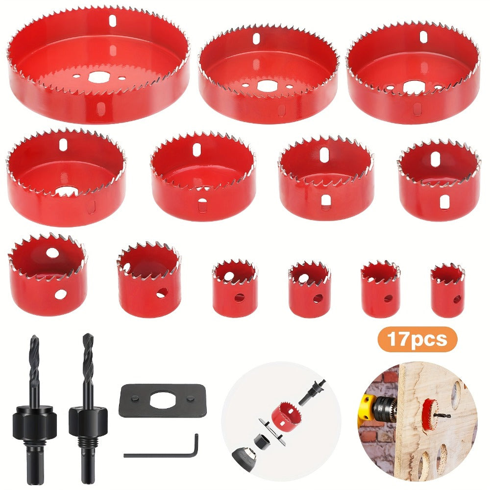 Carbon Steel Hole Saw Kit Multi-Size with Mandrels & Hex Key, Quick-Change Hole Cutter Set for Wood PVC Drywall Cornhole Board & Metal