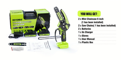 Cordless Mini Chainsaw 6-Inch, Handheld Pruning Saw with Rechargeable Battery, Adjustable Chain Tension