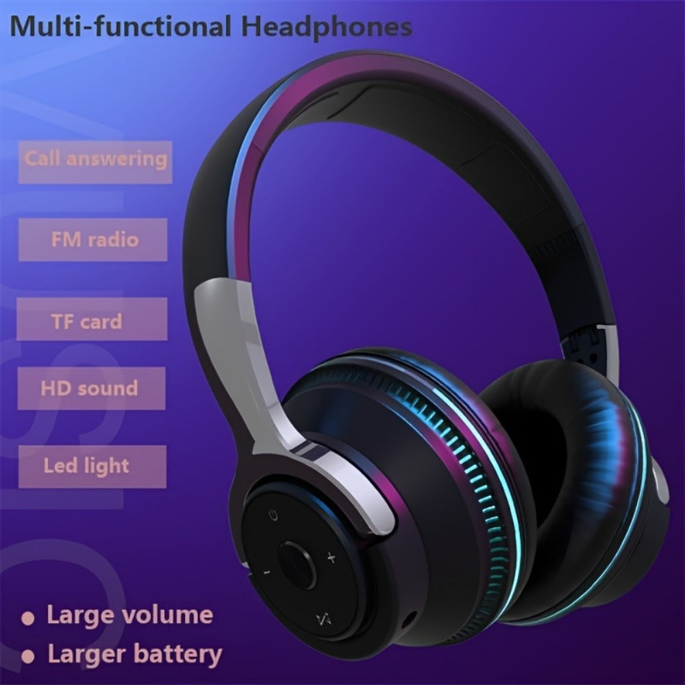 Foldable Wireless Over-Ear Headphones with FM Radio, TF Card, LED Accent Lights, 3.5mm AUX and Four Colors