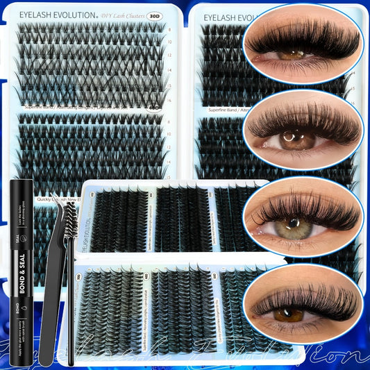 C-Curl Lash Extension Kit with 720 Clusters in 30D-100D Mixed Densities, Bond Product, Tweezers and Brush
