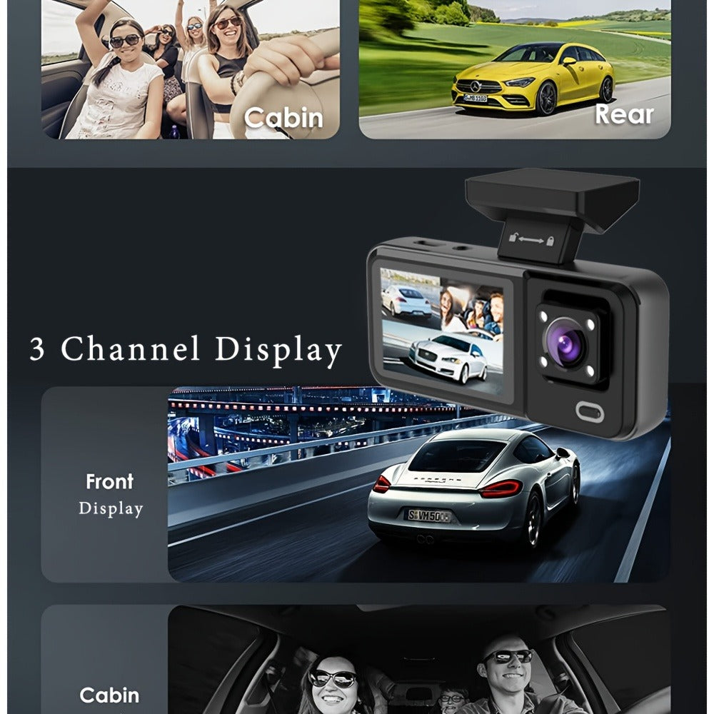 Three-Channel Dash Camera Kit with Front, Cabin and Rear Cameras plus Pictured 64 GB Card Pictured