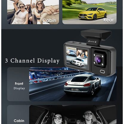 Three-Channel Dash Camera Kit with Front, Cabin and Rear Cameras plus Pictured 64 GB Card Pictured