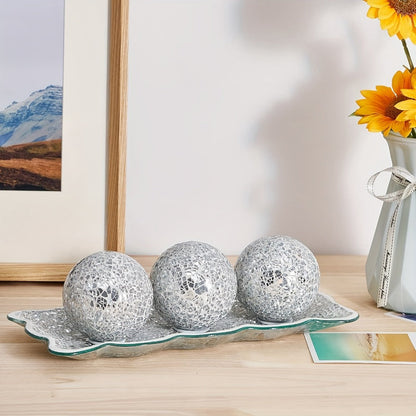 Decorative Glass Balls for Bowls 3 Inch Set of 3 with Glass Tray for Entryways, Bedrooms and Living Spaces