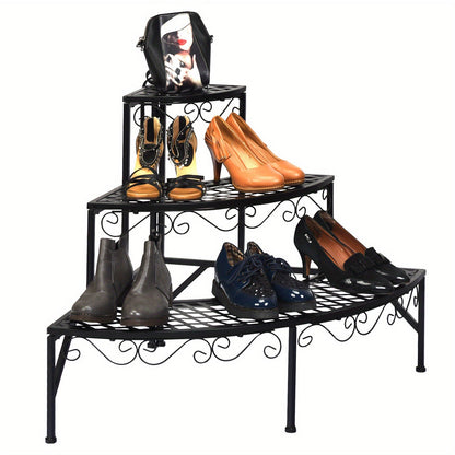 Three-Tier Black Metal Corner Plant Stand with Fan-Shaped Shelves, Scrollwork and Non-Slip Feet