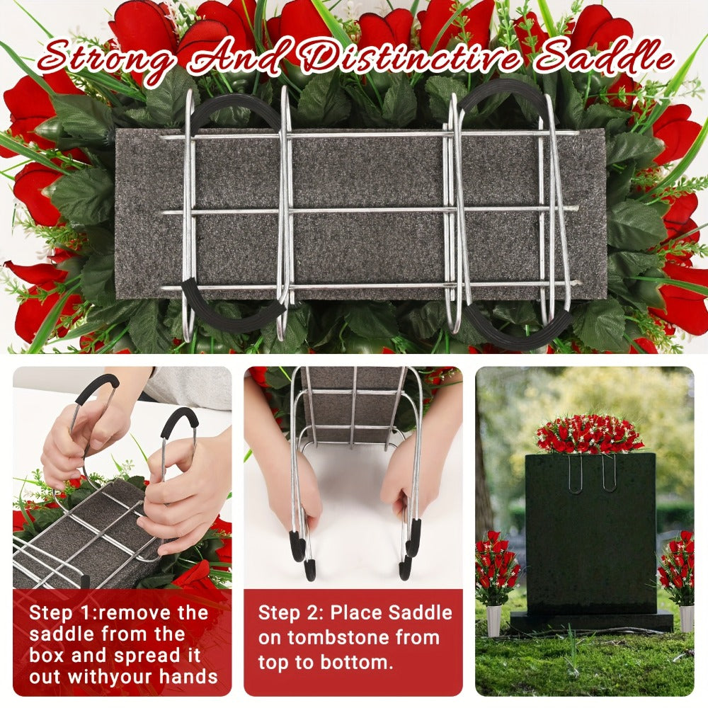 Artificial Flowers Silky Red Rose Memorial Set with Top Saddle, Side Vases or Three-Piece Option