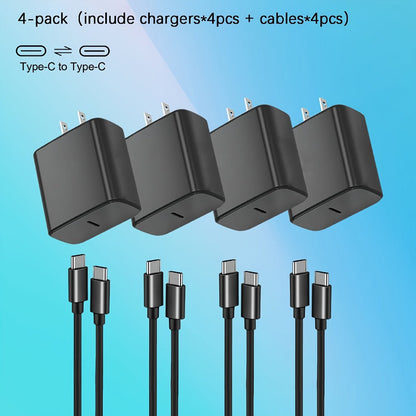 Four-Pack USB-C Wall Charger Bundle with Four Black Charging Blocks and Four Type-C Cables