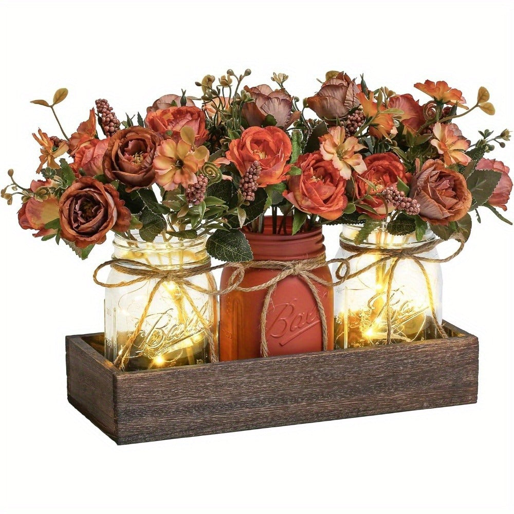 Mason Jar Centerpiece Table Decorations with Wood Tray & LED Lights, 3-Piece Farmhouse Decor Set for Dining Room
