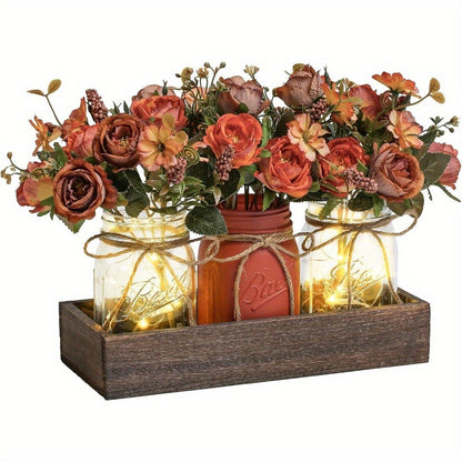 Mason Jar Centerpiece Table Decorations with Wood Tray & LED Lights, 3-Piece Farmhouse Decor Set for Dining Room