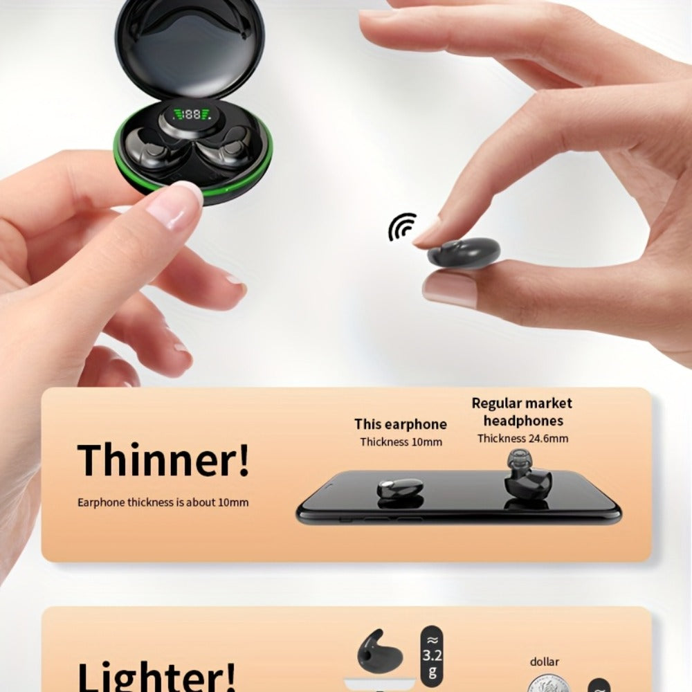 Low-Profile Round-Case Mini Sleep Earbuds with Digital Battery Display in Black, Khaki or White