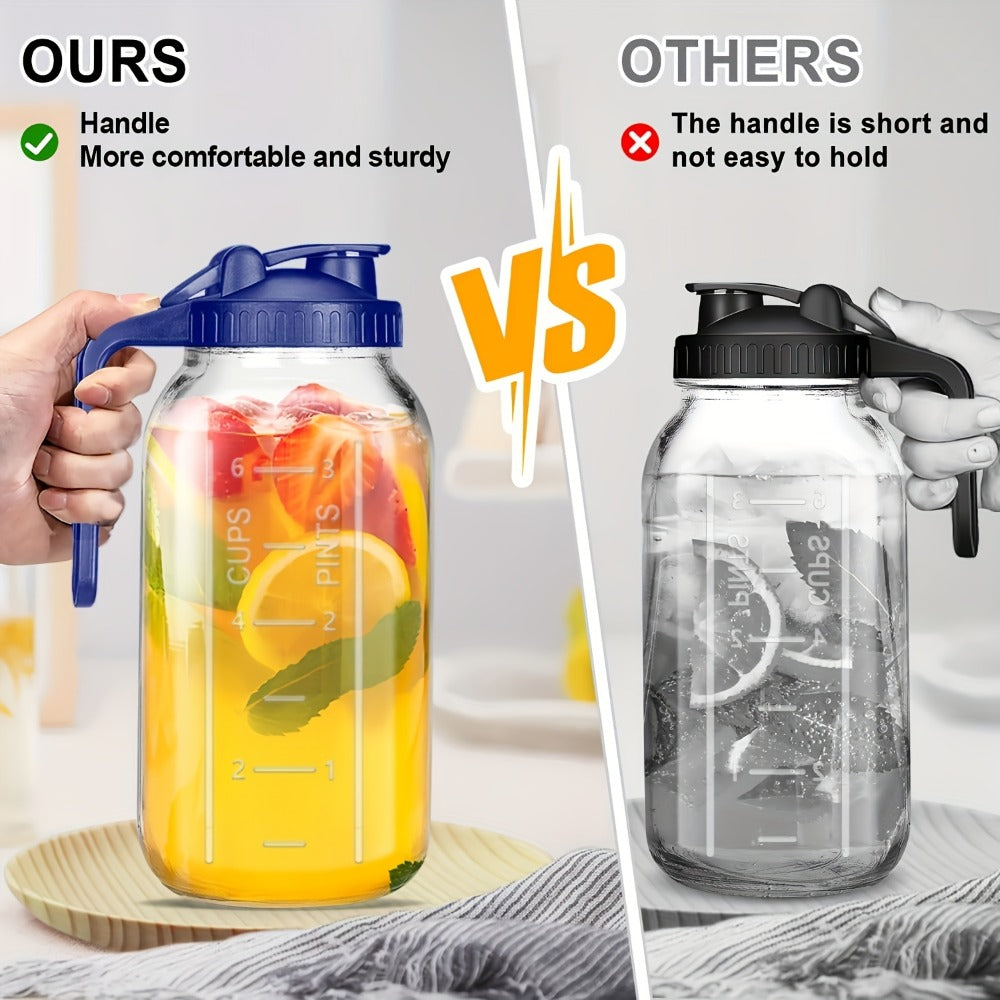 64oz Mason Jar with Handle and Lid 2/3 Pack, Borosilicate Glass Beverage Carafe, Leak-Proof Drinking Jar for Juice