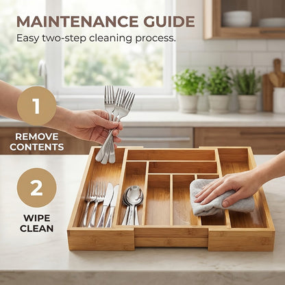 Expandable Bamboo Drawer Organizer with 6–8 Compartments, Sliding Sides and Natural Wood Finish