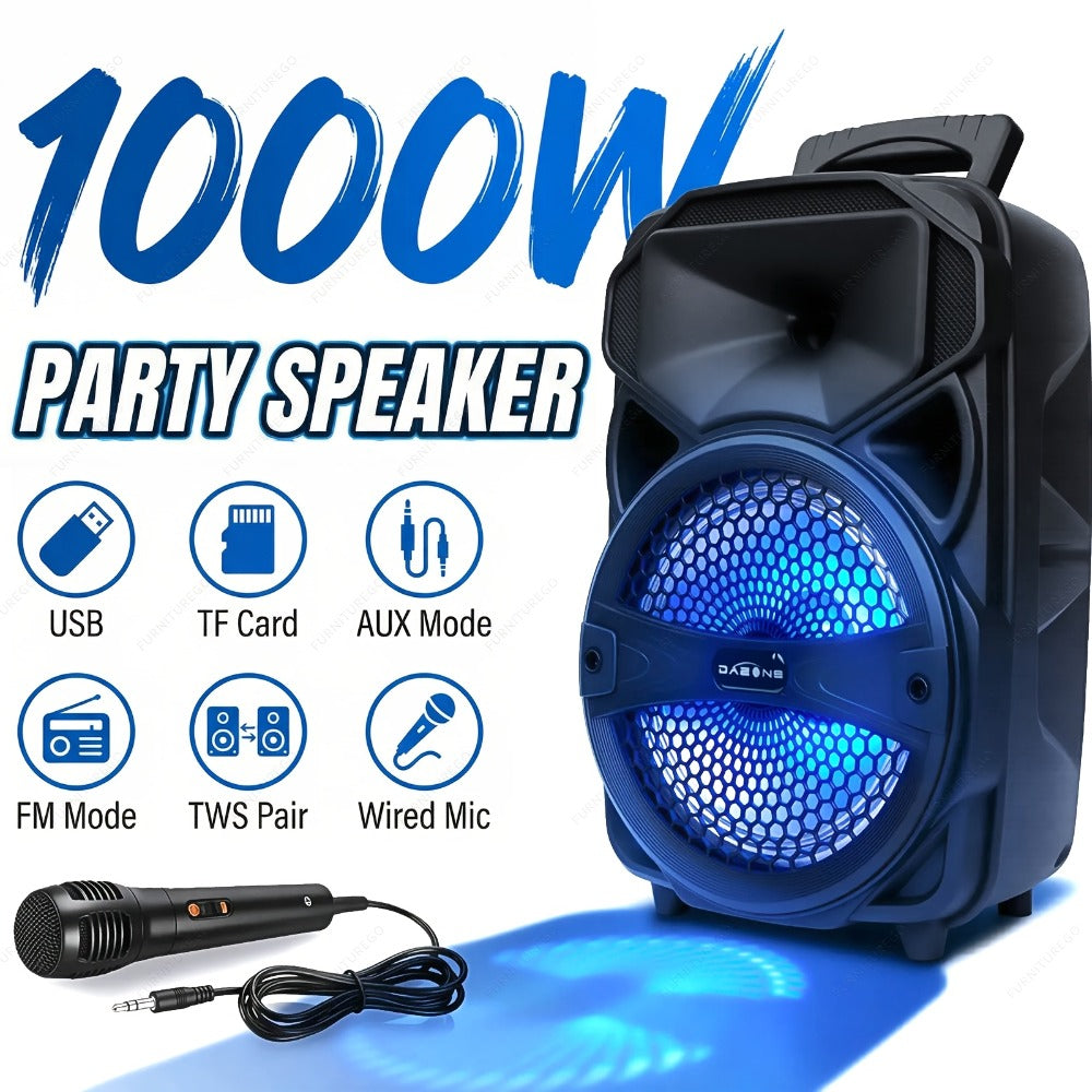 1000W Karaoke Machine with Wireless Bluetooth Party Speaker, 8-Inch Subwoofer, Loud Sound System