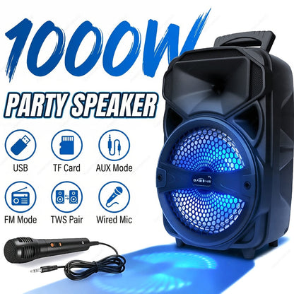 1000W Karaoke Machine with Wireless Bluetooth Party Speaker, 8-Inch Subwoofer, Loud Sound System